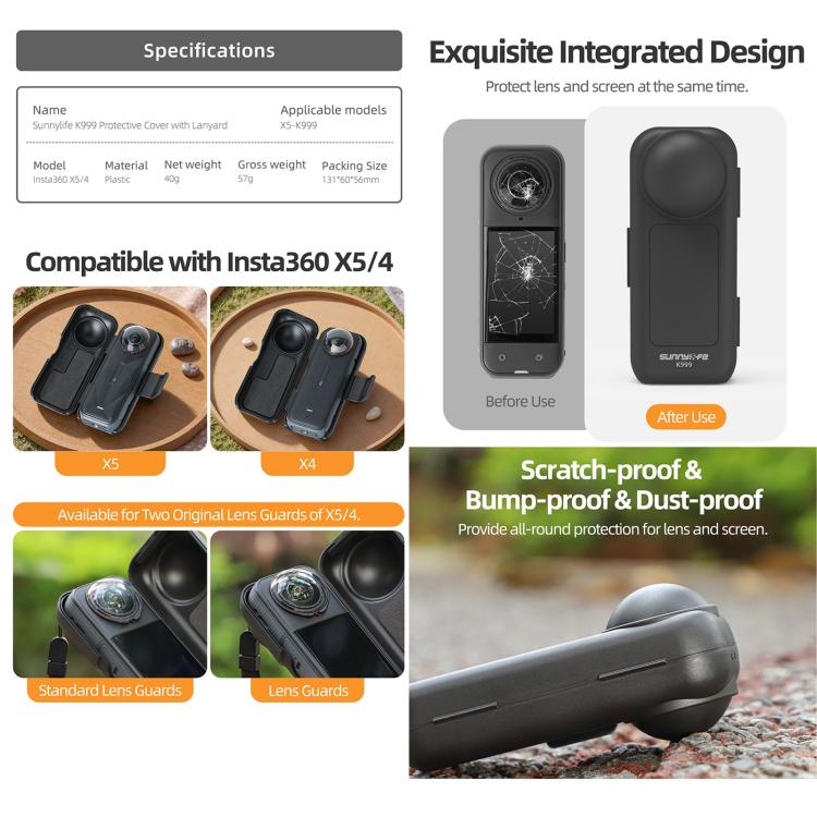 For Insta360 X5 / X4 Sunnylife Integrated Lens Screen Protective Cover Camera Case with Strap