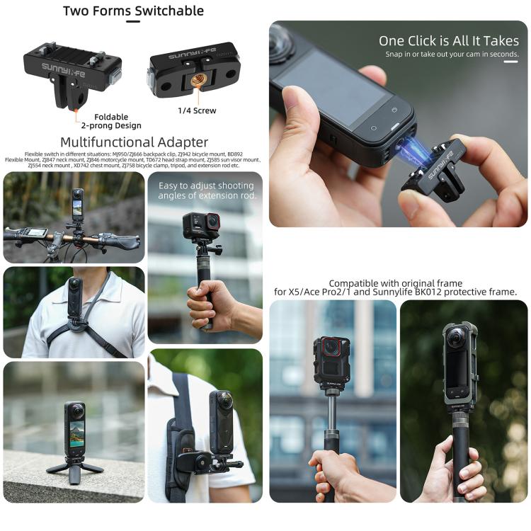 Sunnylife Magnetic Quick Release Adapter Mount Action Camera Foldable Cam Stand For Insta360 X5 / Ace / Ace Pro 2 / 1