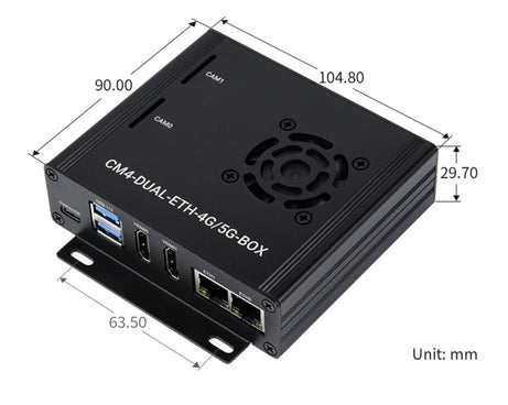 Waveshare Dual Gigabit Ethernet 5G/4G Computer Box with Cooling Fan for Raspberry Pi CM4