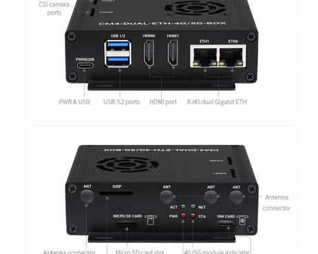 Waveshare Dual Gigabit Ethernet 5G/4G Computer Box with Cooling Fan for Raspberry Pi CM4