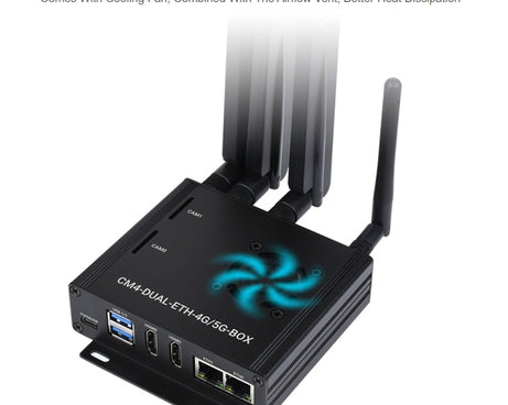 Waveshare Dual Gigabit Ethernet 5G/4G Computer Box with Cooling Fan for Raspberry Pi CM4