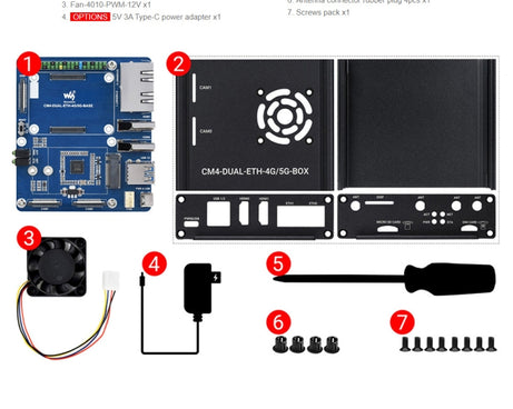 Waveshare Dual Gigabit Ethernet 5G/4G Computer Box with Cooling Fan for Raspberry Pi CM4