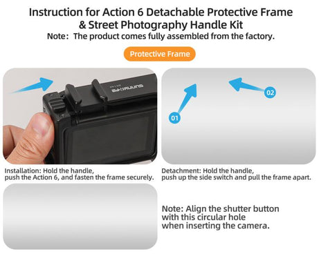 For DJI Action 6 Sunnylife 2-in-1 Detachable Protective Frame & Street Photography Handle Ergonomic Hand Grip Quick Release Shutter Handle, For DJI Action 6