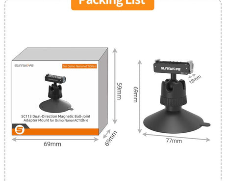 Sunnylife Dual-Direction Magnetic Quick-Release Ball-Joint Adapter Mount 360 Rotatable Suction Cup Bracket For DJI Osmo Nano / Action 6, For DJI Osmo Nano / Action 6