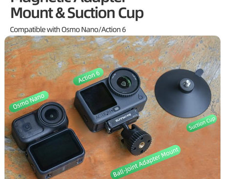 Sunnylife Dual-Direction Magnetic Quick-Release Ball-Joint Adapter Mount 360 Rotatable Suction Cup Bracket For DJI Osmo Nano / Action 6, For DJI Osmo Nano / Action 6