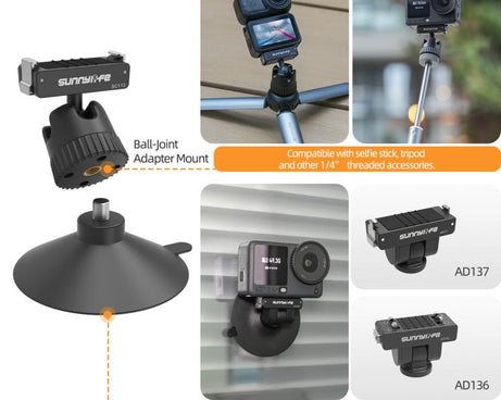 Sunnylife Dual-Direction Magnetic Quick-Release Ball-Joint Adapter Mount 360 Rotatable Suction Cup Bracket For DJI Osmo Nano / Action 6, For DJI Osmo Nano / Action 6