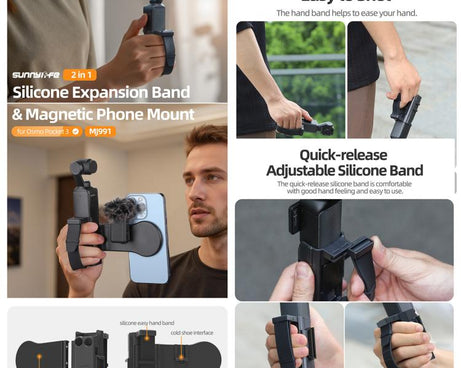 For DJI Osmo Pocket 3 Sunnylife Hand Band Magnetic Expansion Adapter Phone Teleprompter Holder Mount Extension Handle