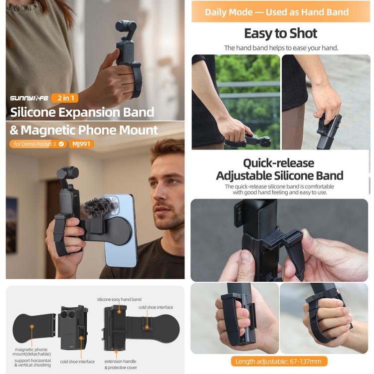 For DJI Osmo Pocket 3 Sunnylife Hand Band Magnetic Expansion Adapter Phone Teleprompter Holder Mount Extension Handle