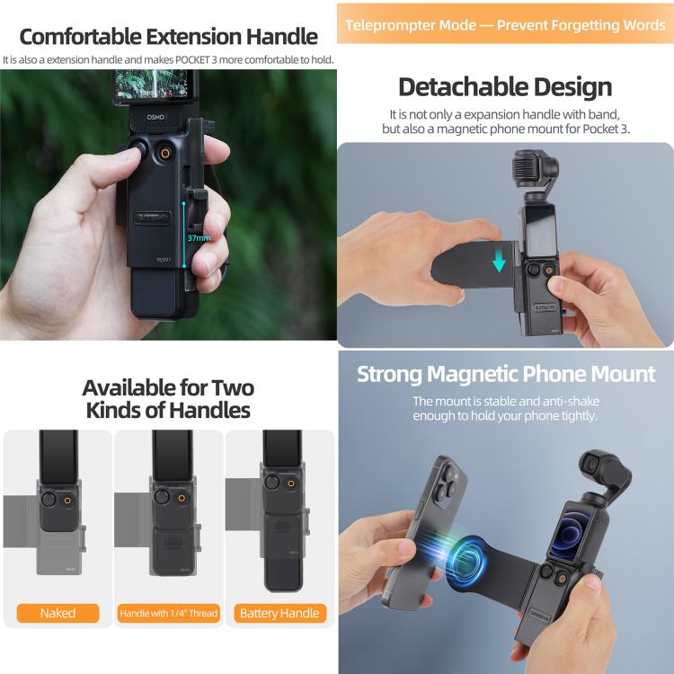 For DJI Osmo Pocket 3 Sunnylife Hand Band Magnetic Expansion Adapter Phone Teleprompter Holder Mount Extension Handle