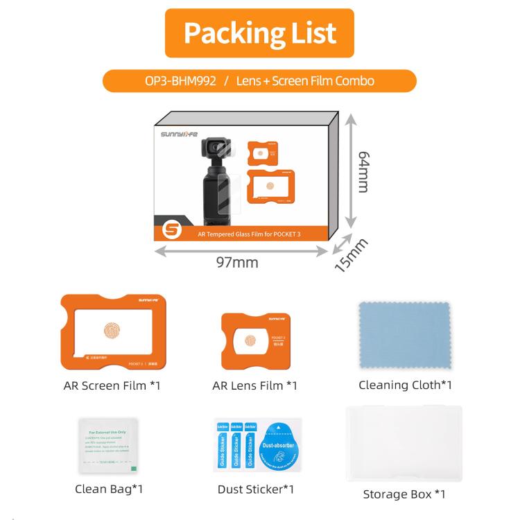 For DJI Osmo Pocket 3 Sunnylife Lens Screen Protector AR Anti-reflection Tempered Glass Film with Film Locator