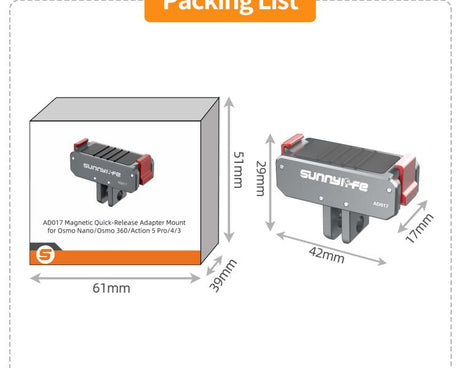 Sunnylife Metal Magnetic Quick Release Adapter Mount Foldable Cam Stand 1/4 Adapter For DJI Osmo Nano / Osmo 360 / Action 5 Pro / 4 / 3