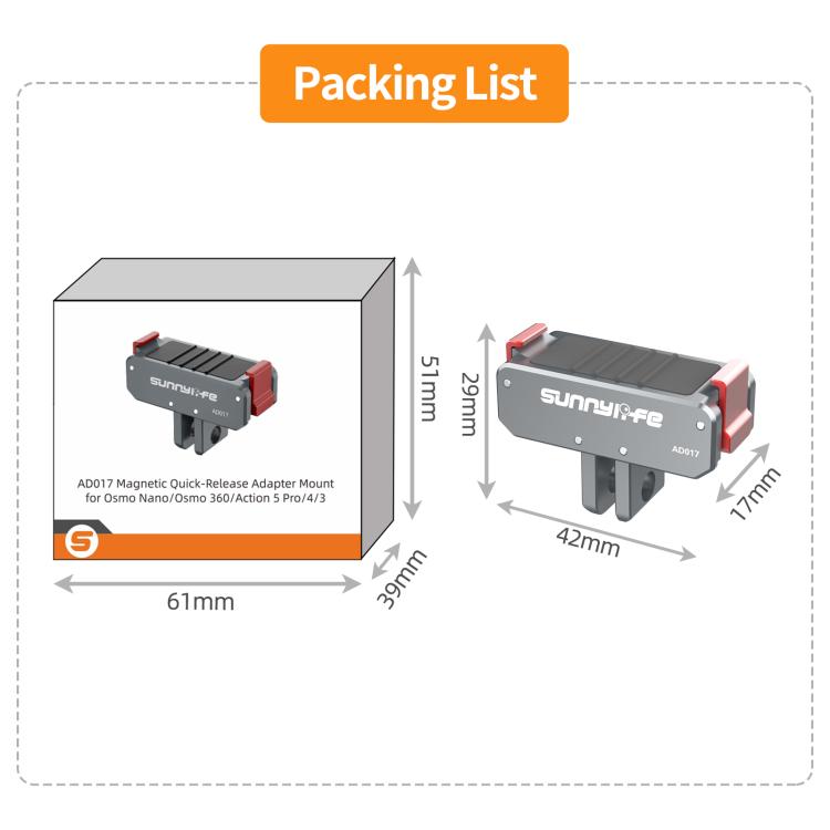 Sunnylife Metal Magnetic Quick Release Adapter Mount Foldable Cam Stand 1/4 Adapter For DJI Osmo Nano / Osmo 360 / Action 5 Pro / 4 / 3