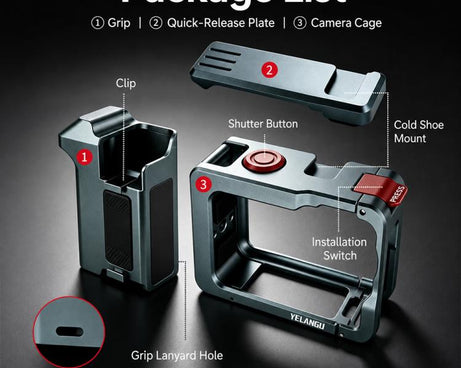 For DJI Osmo Action 6 YELANGU Metal Camera Cage with Handle Grip & Dual-Opening, LWAC6-2