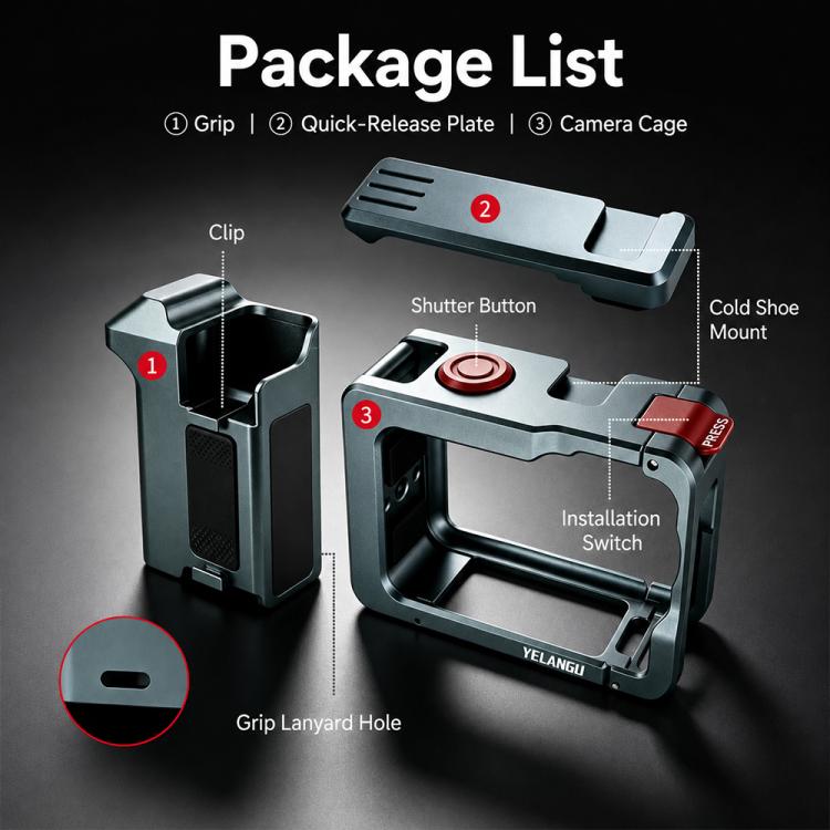For DJI Osmo Action 6 YELANGU Metal Camera Cage with Handle Grip & Dual-Opening, LWAC6-2