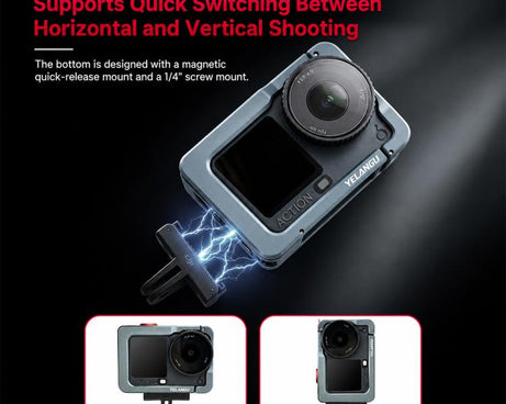 For DJI Osmo Action 6 YELANGU Metal Camera Cage with Handle Grip & Dual-Opening, LWAC6-2