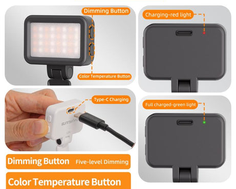 For DJI Osmo Pocket 4 Sunnylife Magnetic LED Video Light Adjustable Fill Light Tri-Color Dimmable Portable Fill Lamp