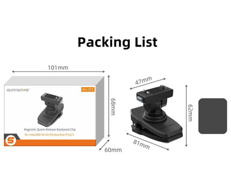 Sunnylife Magnetic Quick-Release Backpack Clip Action Camera Clamp Vertical-Horizontal Mount for Insta360 X4 Air / X5 / Ace / Ace Pro 2 / 1, For Insta360 X4 Air / X5 / Ace / Ace Pro 2 / 1