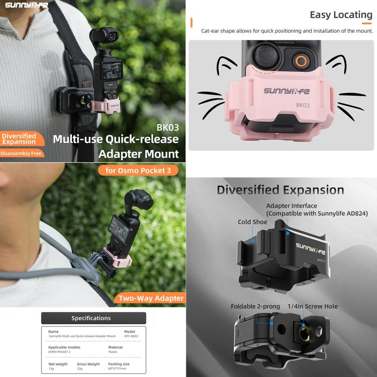 For DJI OSMO Pocket 3 Sunnylife Quick Release Adapter Mount Frame Two-Way Adapter Expansion Selfie Stick Tripod Adapter