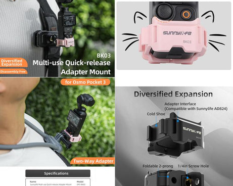 For DJI OSMO Pocket 3 Sunnylife Quick Release Adapter Mount Frame Two-Way Adapter Expansion Selfie Stick Tripod Adapter