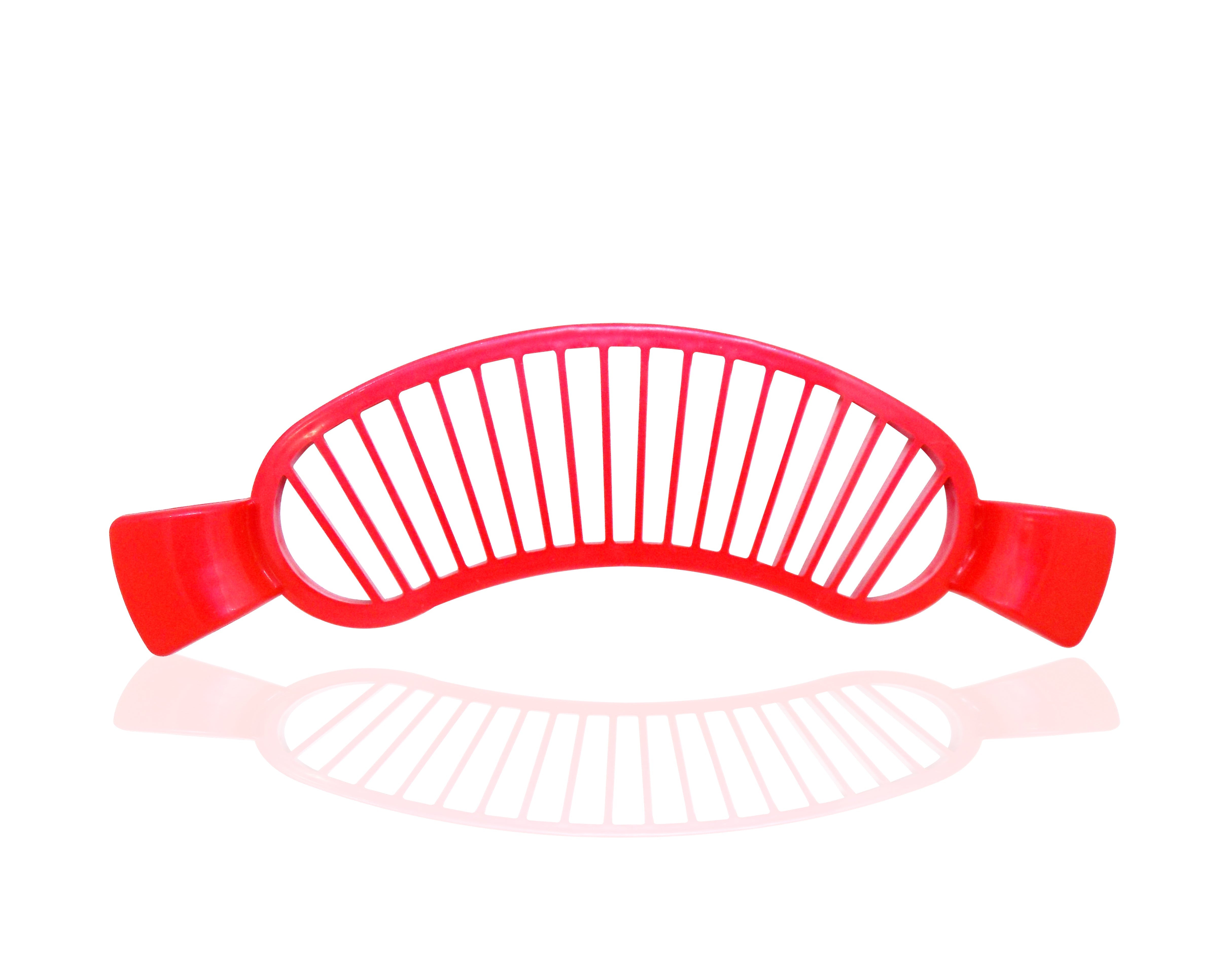 Plastic banana slicer with handle for easy slicing.