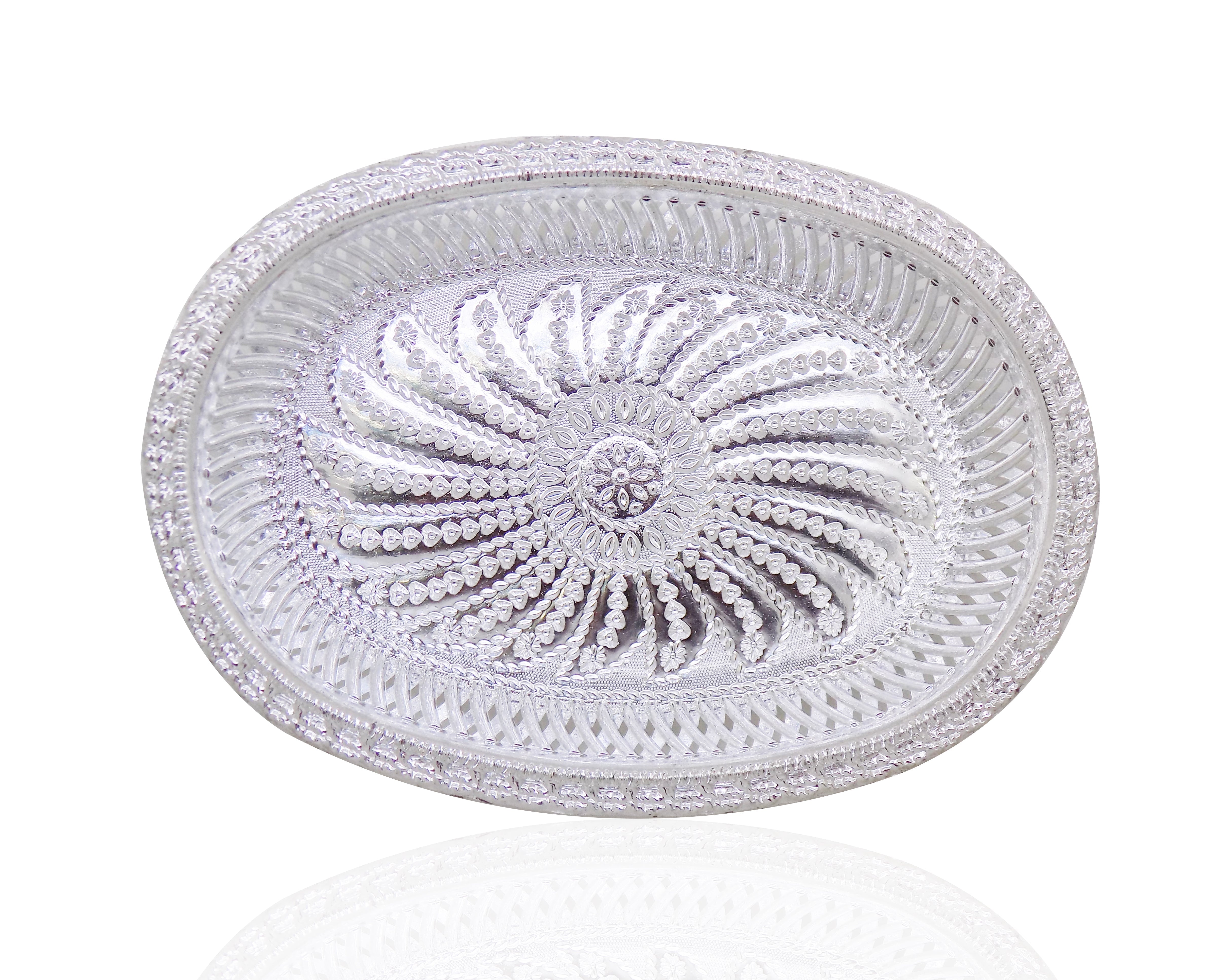 Oval silver serving tray with royal design for upscale presentation.
