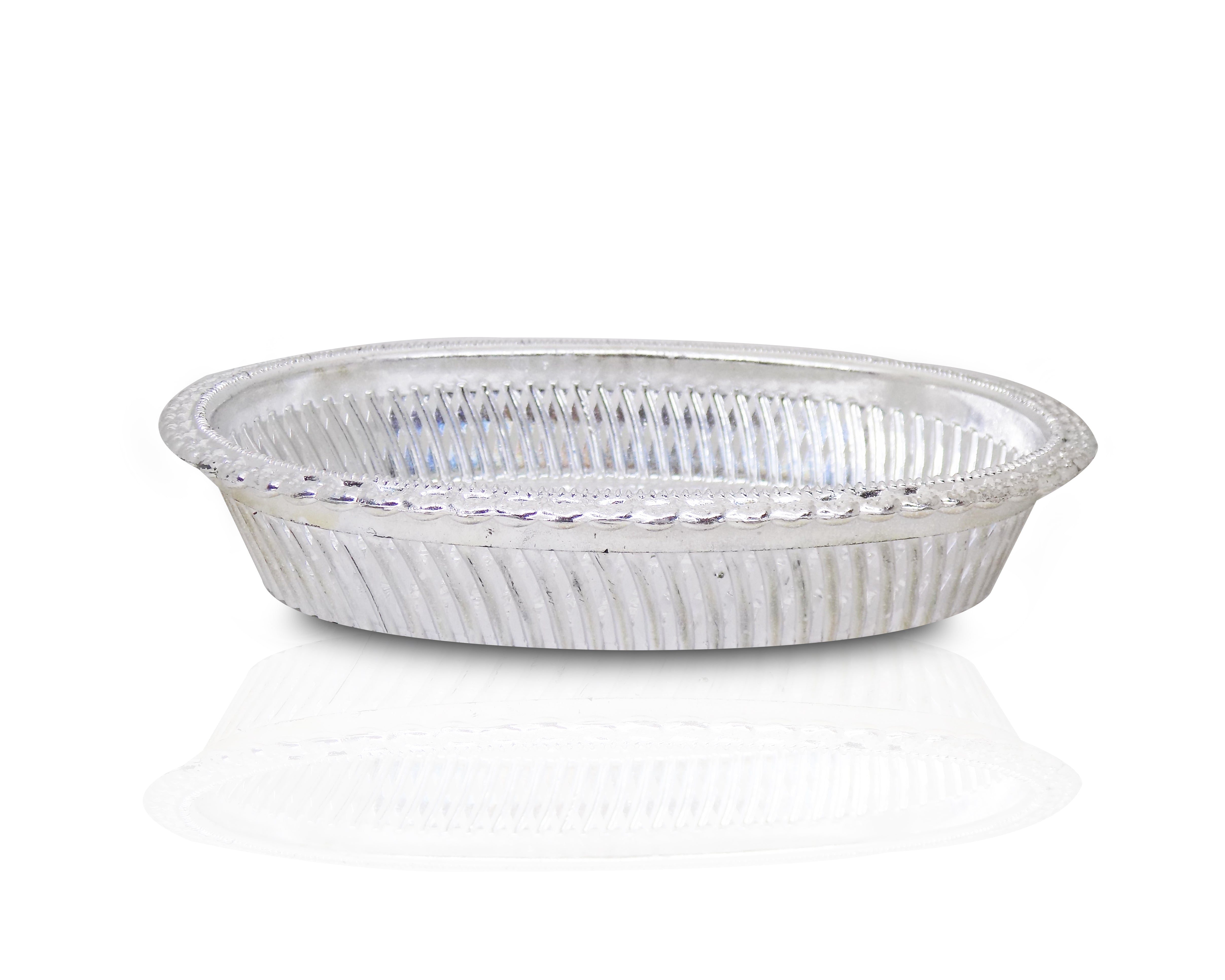 Elegant oval silver tray with royal design for gifts and serving.