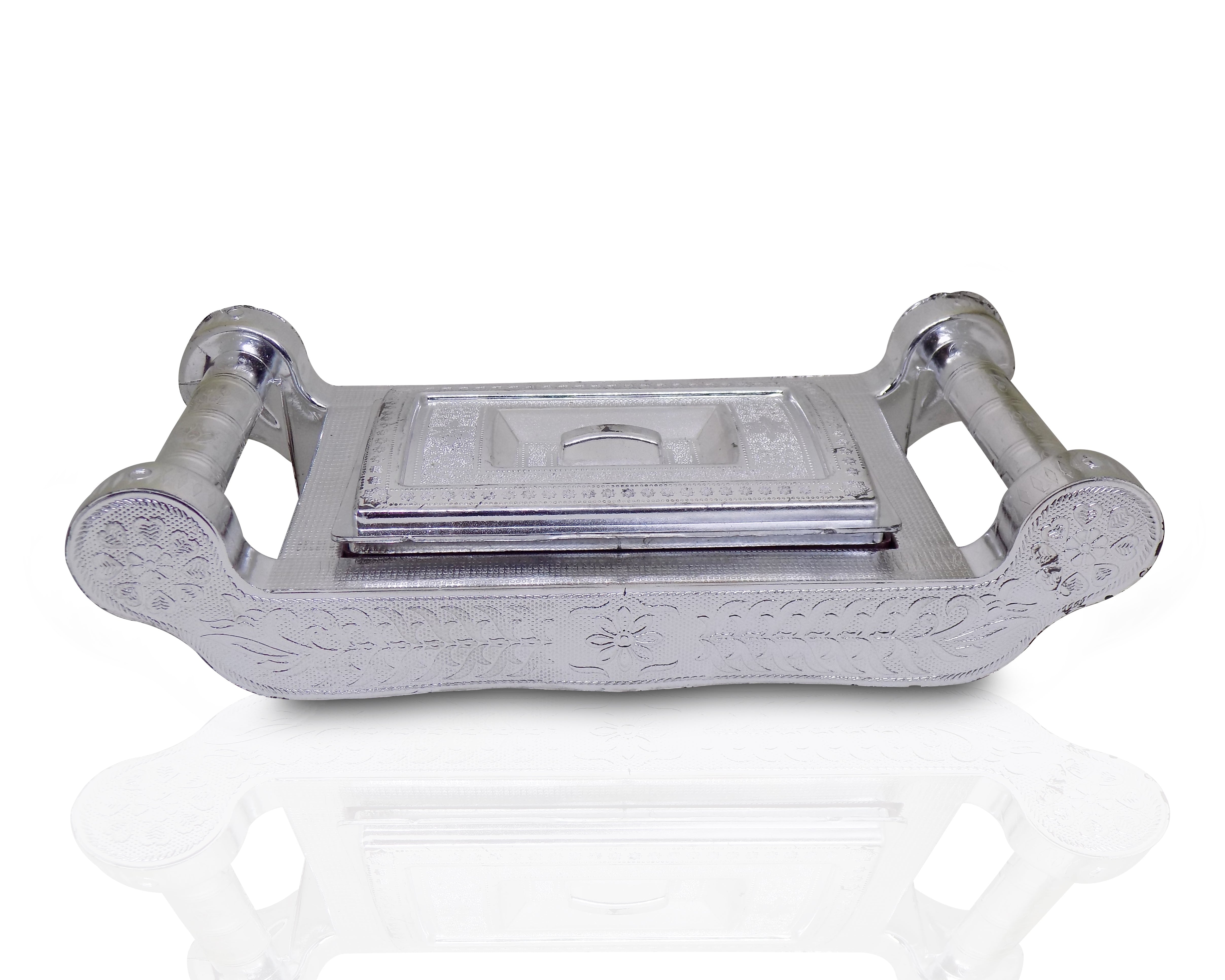 Elegant silver storage box with four sections for gifts and storage.