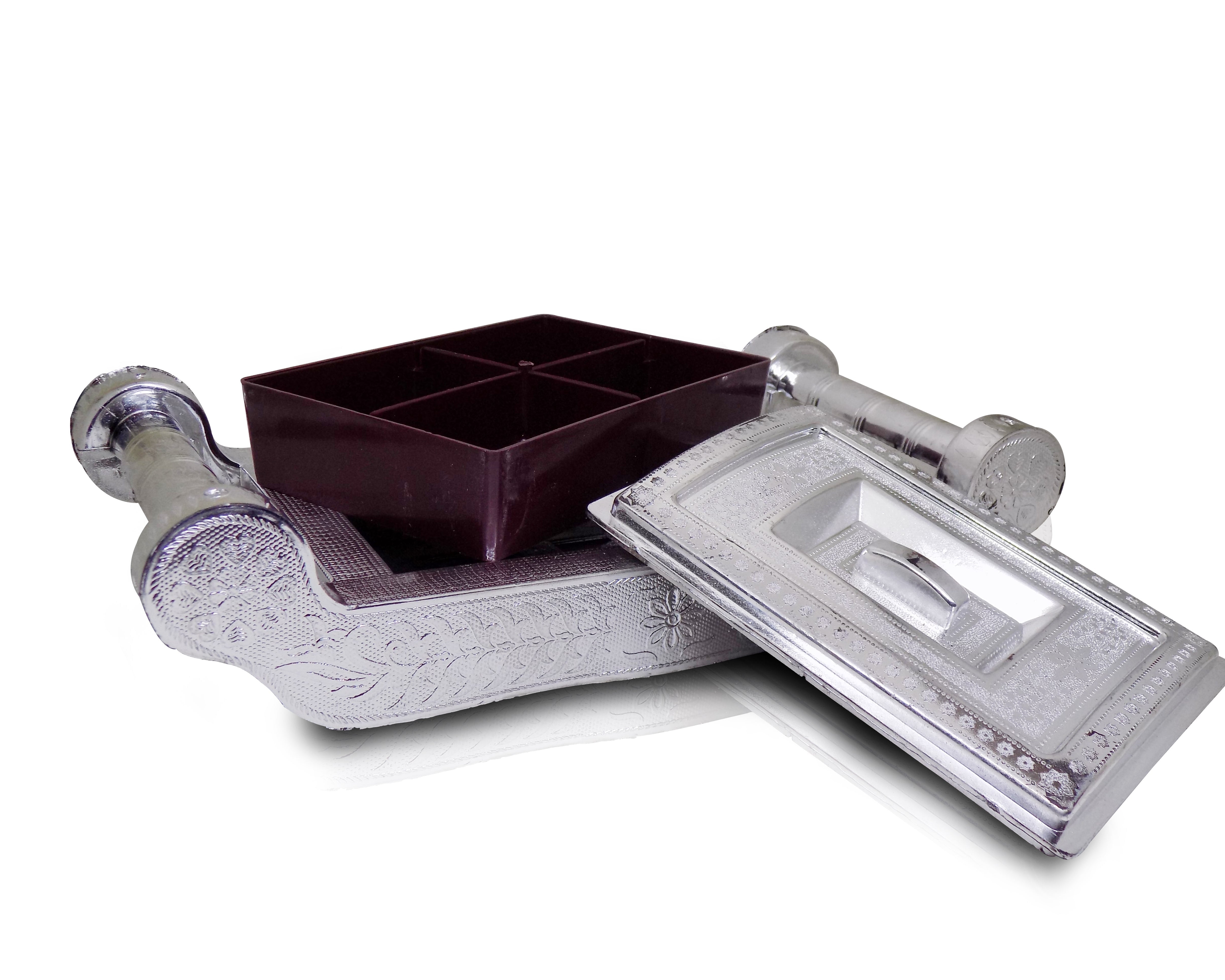 Decorative silver storage box with four sections for organizing.