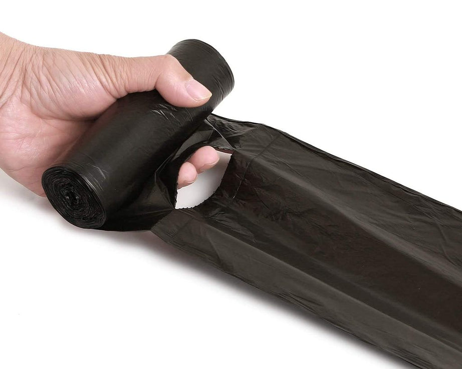 Black garbage bag (17 x 19 inches) with eco-friendly features.