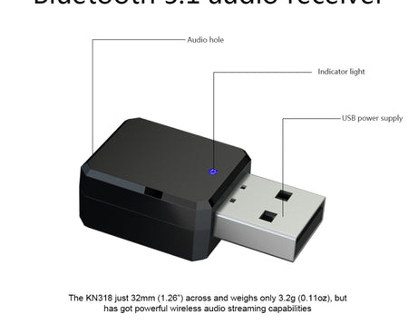 KN318 USB Bluetooth 5.1 Adapter Audio Receiver, KN318
