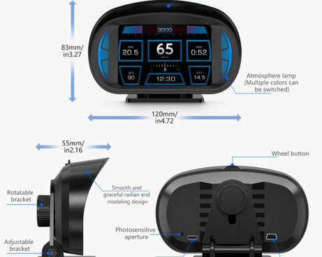 P2 3 inch Multi-function HD OBD LCD Instrument GPS Car Speed Slope Meter HUD Head-up Display