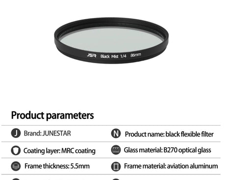 JSR Black Mist Filter Camera Lens Filter, 37mm, 43mm, 46mm, 49mm, 52mm, 55mm, 58mm, 62mm, 67mm, 72mm, 77mm, 82mm