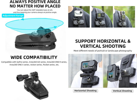 Sunnylife 360 Degree Rotation Swivel Backpack Clip Magnetic Suction Action Camera Mount, ZJ666