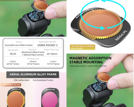 For DJI OSMO Pocket 3 Sunnylife Camera Lens Magnetic Metal Filter, MCUV, ND8, ND16, ND32, ND64, ND256, ND8PL, ND16PL, ND32PL, ND64PL, CPL, 3 in 1 CPL ND8/16, 3 in 1 ND16/64/256, 4 in 1 ND8/16/32/64, 4 in 1 ND8/16/32/64PL, 4 in 1 MCUV CPL ND32/64       ...
