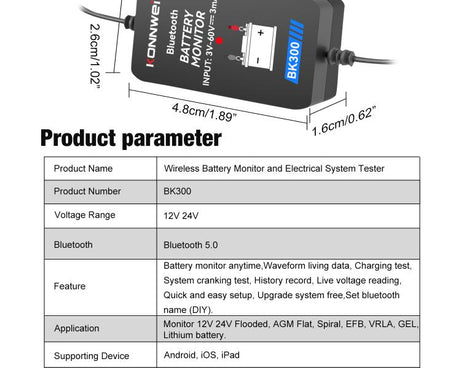 KONNWEI BK300 6V / 12V / 24V Car Bluetooth 5.0 Battery Monitor Diagnostic Tool, BK300