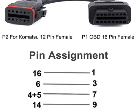 OBD Truck Diagnostic Cable for Komatsu / Cummins, 12 Pin to 16 Pin