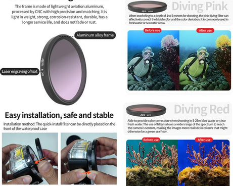 For Insta360 GO Ultra JSR Diving Filter for Waterproof Case, UV, CPL, ND8, ND16, ND32, STAR, NIGHT, Pink Filter, Red Filter, Purple Filter, 4 in 1 CPLND8/16/32, 3 in 1 3-Color Filter, 8 in 1 ND CPL UV Mixed