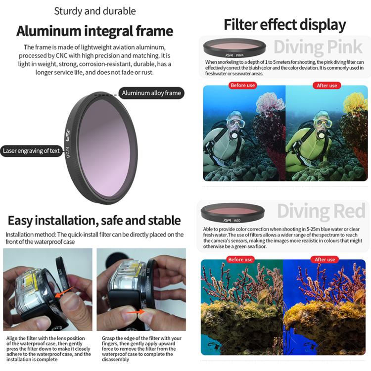 For Insta360 GO Ultra JSR Diving Filter for Waterproof Case, UV, CPL, ND8, ND16, ND32, STAR, NIGHT, Pink Filter, Red Filter, Purple Filter, 4 in 1 CPLND8/16/32, 3 in 1 3-Color Filter, 8 in 1 ND CPL UV Mixed
