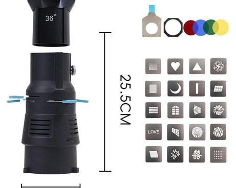 YG-90 360 Degree Rotating Bowens Mount Conical Snoot, 19 Degree Lens, 19 Degree Lens + Optical Snoot, 36 Degree Lens, 36 Degree Lens + Optical Snoot