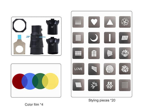 YG-90 360 Degree Rotating Bowens Mount Conical Snoot, 19 Degree Lens, 19 Degree Lens + Optical Snoot, 36 Degree Lens, 36 Degree Lens + Optical Snoot