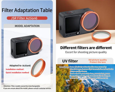 For DJI Osmo Action 6 JSR KO Series Camera Lens Filter, UV, CPL, ND8, ND16, ND32, ND64, ND8PL, ND16PL, ND32PL, ND64PL, STAR, NIGHT, Black Mist 1/4, 3 in 1 UV ND8/16, 4 in 1 ND8-64, 4 in 1 CPL ND8/16/32, 4 in 1 Black Mist CPL ND, 4 in 1 Macro CPL ND    ...