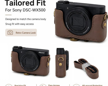 Full Body Retro Vegan Leather Camera Case Bag with Strap, For Sony DSC-WX500