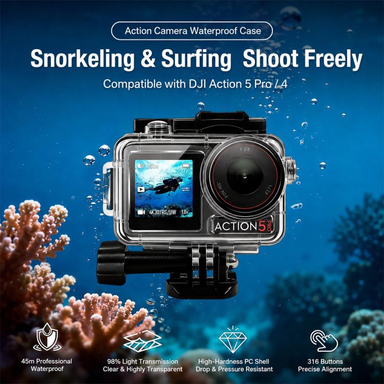 Waterproof Housing 60m Underwater Cameras Cover, For DJI Osmo Action 6, For DJI Osmo Action 5 Pro / 4 / 3