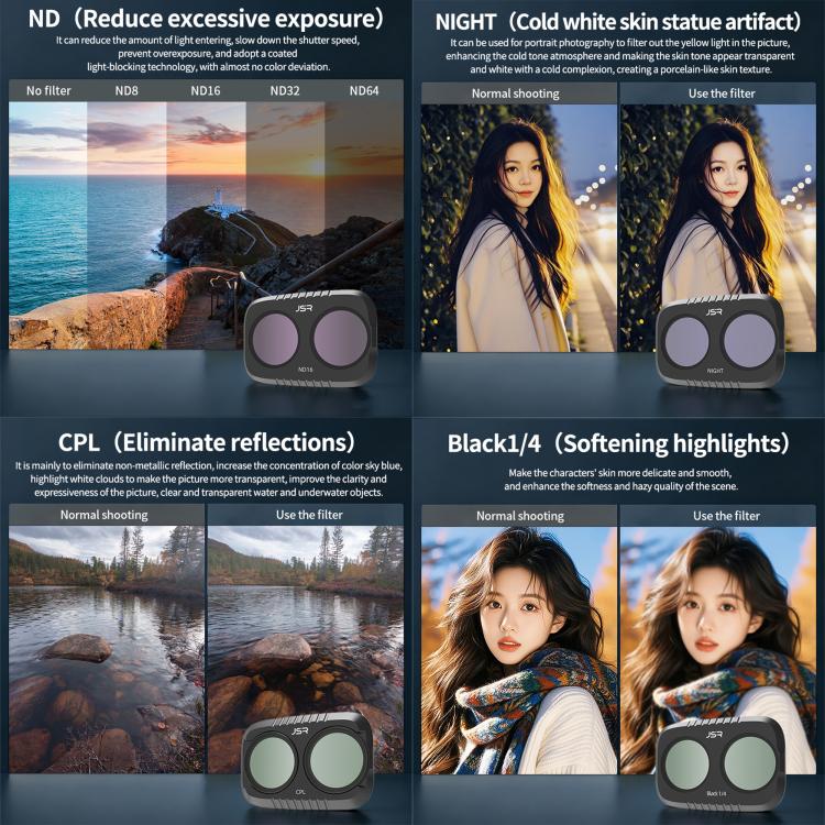 For DJI Osmo Pocket 4P JSR KB Series Clip-on Camera Lens Filter, UV, CPL, ND8, ND16, ND32, ND64, GND8, GND16, VND2-5, VND6-9, STAR, NIGHT, Black Mist 1/4, Wide Angle, 3 in 1 UV ND8/16, 3 in 1 CPL Black Mist VND, 4 in 1 CPL ND8/16/32, 4 in 1 ND8-64PL   ...