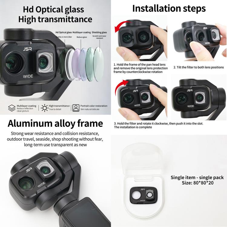 For DJI Osmo Pocket 4P JSR KB Series Clip-on Camera Lens Filter, UV, CPL, ND8, ND16, ND32, ND64, GND8, GND16, VND2-5, VND6-9, STAR, NIGHT, Black Mist 1/4, Wide Angle, 3 in 1 UV ND8/16, 3 in 1 CPL Black Mist VND, 4 in 1 CPL ND8/16/32, 4 in 1 ND8-64PL   ...