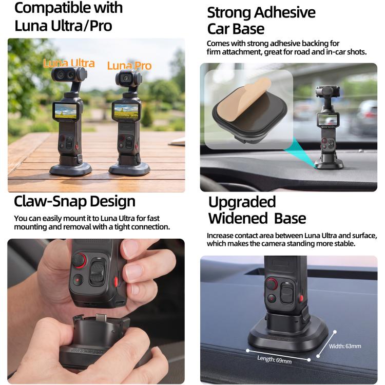 Sunnylife Quick-Release Adhesive Car Base Stand Mount Supporting Holder, For Insta360 Luna Ultra / Pro