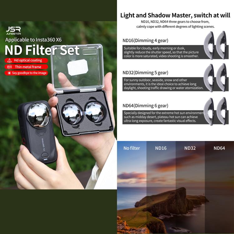 For Insta360 X6 JSR Clip-on ND Lens Filter, 4 in 1 ND32 + PC Lens Guard, 6 in 1 ND16/32/64