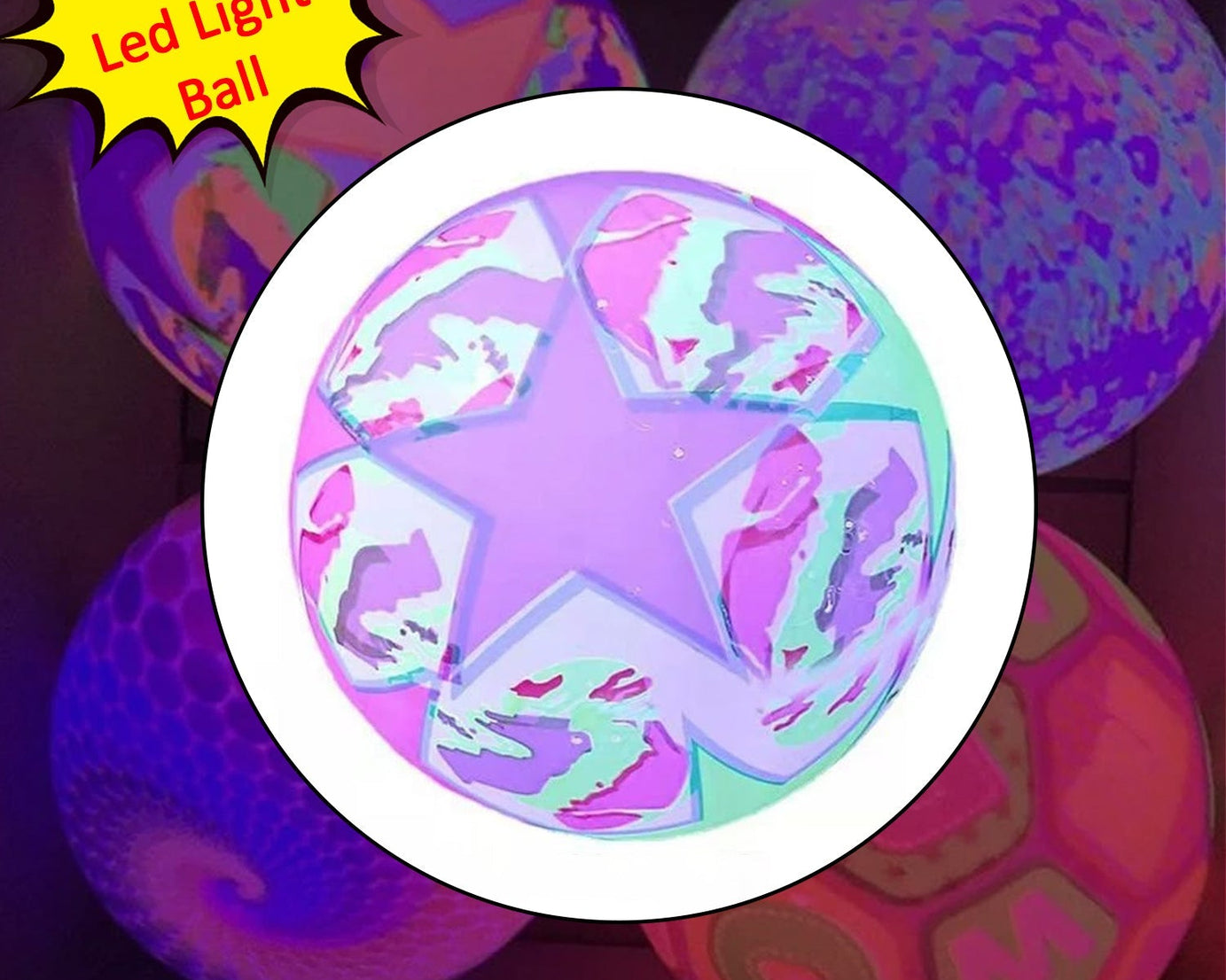 Close-up of the LED rubber stress ball, highlighting its design and lighting effects