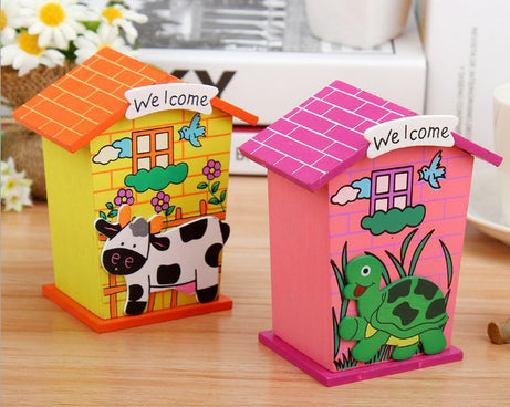 Wooden piggy bank with cute house shape