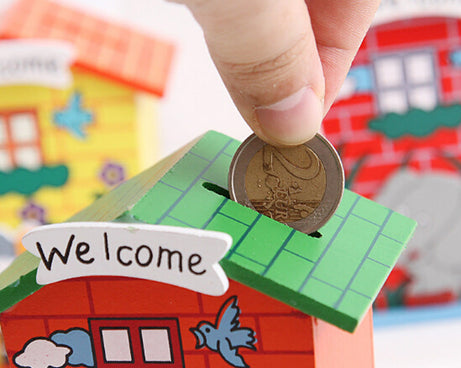Cute wooden house piggy bank